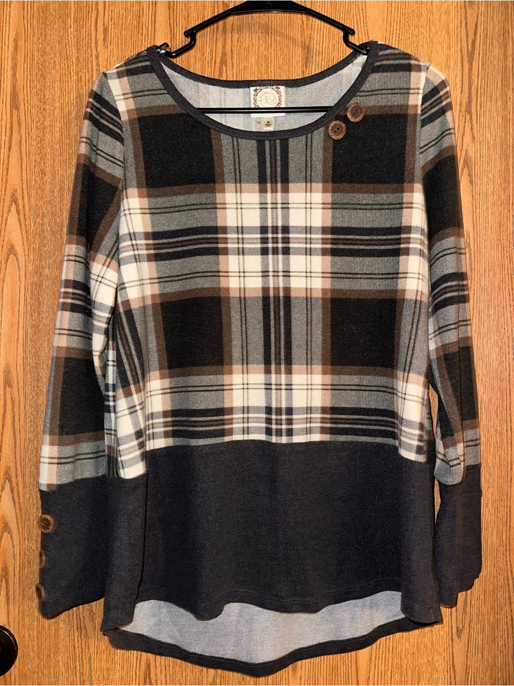 Plaid Knit Tunic Top with Button Detail - Navy, Brown, Cream